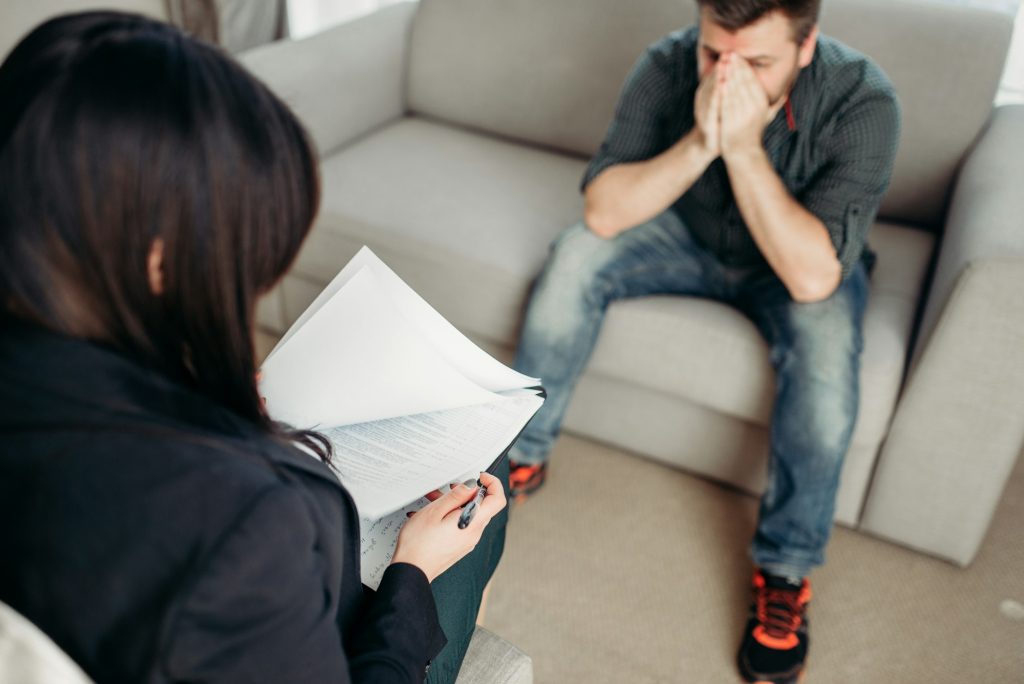 Sad patient at psychologist, psychology support